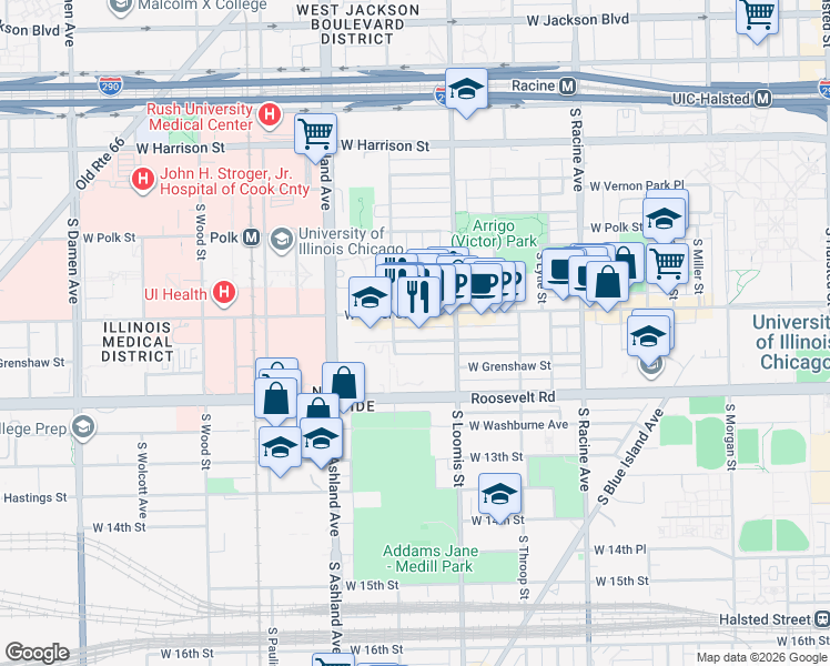 map of restaurants, bars, coffee shops, grocery stores, and more near 1004 South Bishop Street in Chicago