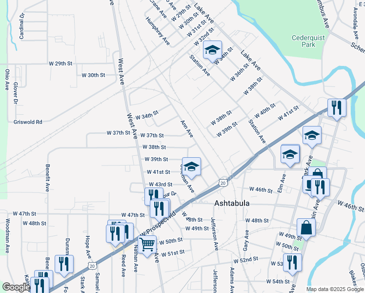 map of restaurants, bars, coffee shops, grocery stores, and more near 907 West 37th Street in Ashtabula