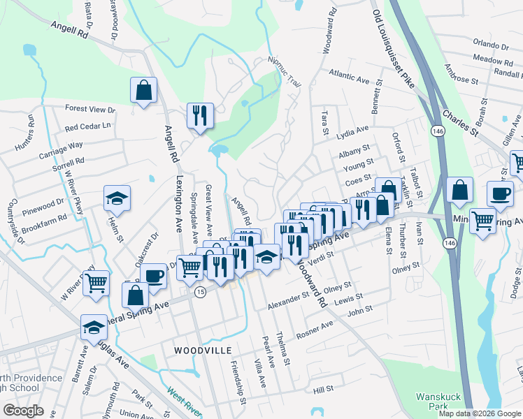 map of restaurants, bars, coffee shops, grocery stores, and more near 85A Nipmuc Trail in North Providence