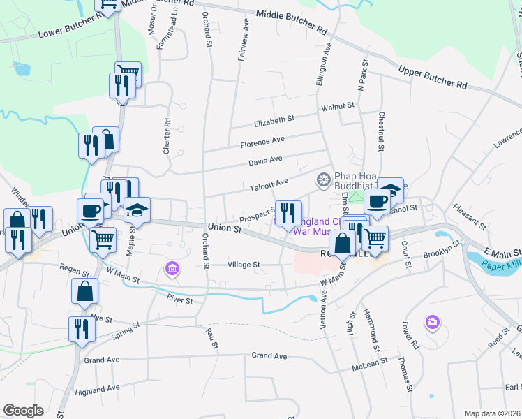 map of restaurants, bars, coffee shops, grocery stores, and more near 57 Talcott Avenue in Vernon