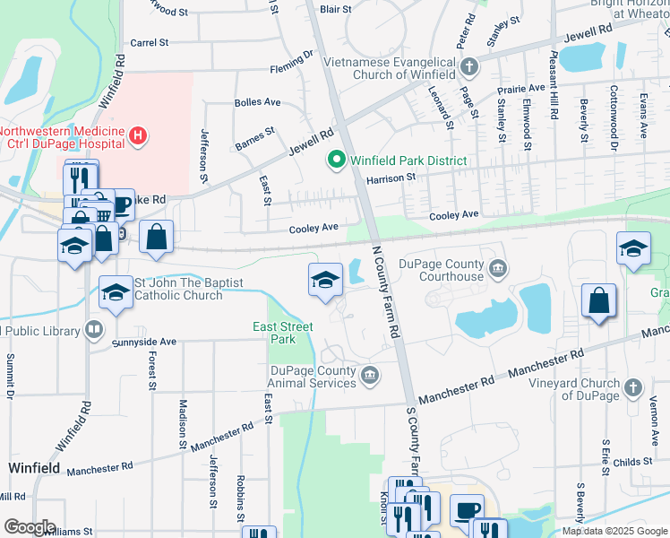 map of restaurants, bars, coffee shops, grocery stores, and more near 422 North County Farm Road in Winfield