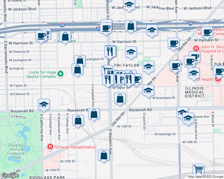 map of restaurants, bars, coffee shops, grocery stores, and more near in Chicago