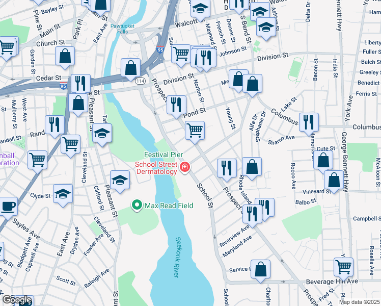 map of restaurants, bars, coffee shops, grocery stores, and more near 219 Prospect Street in Pawtucket