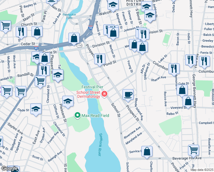 map of restaurants, bars, coffee shops, grocery stores, and more near 219 Prospect Street in Pawtucket