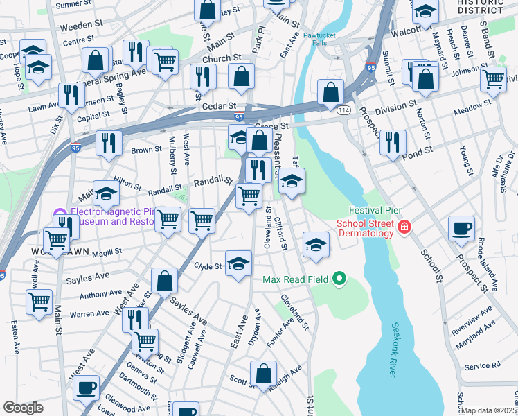map of restaurants, bars, coffee shops, grocery stores, and more near 342 East Avenue in Pawtucket