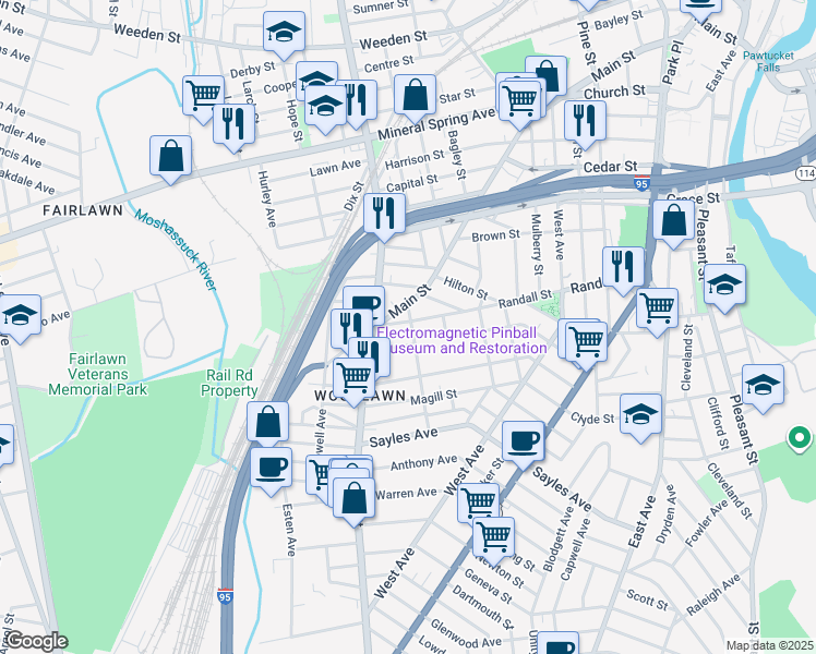 map of restaurants, bars, coffee shops, grocery stores, and more near 802 Main Street in Pawtucket
