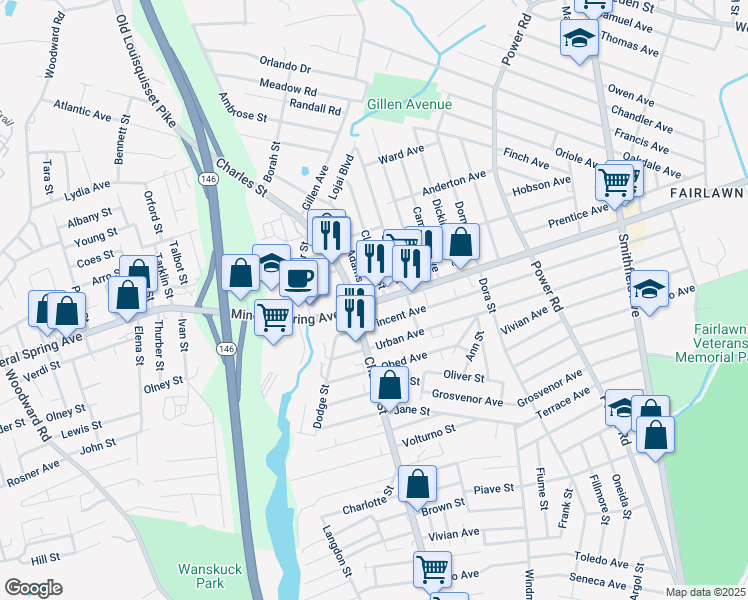 map of restaurants, bars, coffee shops, grocery stores, and more near 13 Cleveland Street in North Providence