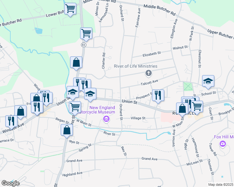 map of restaurants, bars, coffee shops, grocery stores, and more near 45 Grant Street in Vernon