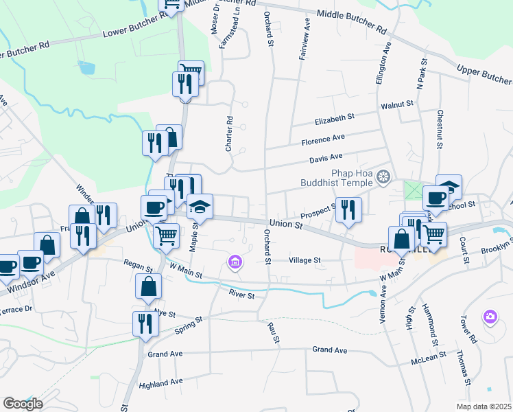 map of restaurants, bars, coffee shops, grocery stores, and more near 45 Grant Street in Vernon