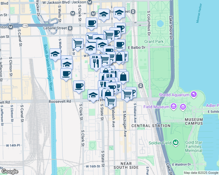 map of restaurants, bars, coffee shops, grocery stores, and more near 1025 South State Street in Chicago