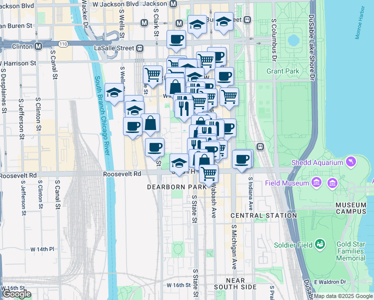 map of restaurants, bars, coffee shops, grocery stores, and more near 1115 South Plymouth Court in Chicago