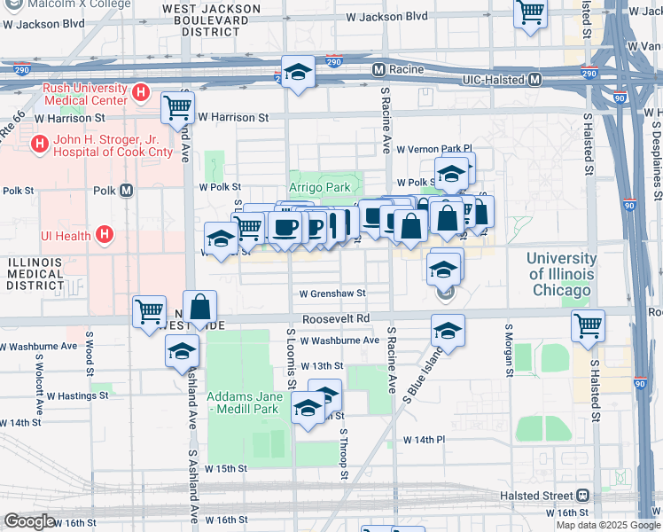 map of restaurants, bars, coffee shops, grocery stores, and more near 1322 West Taylor Street in Chicago