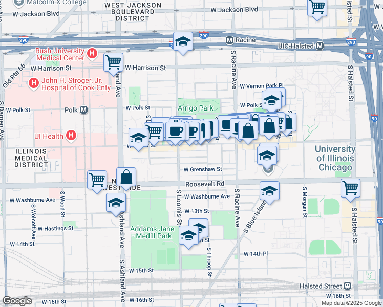 map of restaurants, bars, coffee shops, grocery stores, and more near 1322 West Taylor Street in Chicago