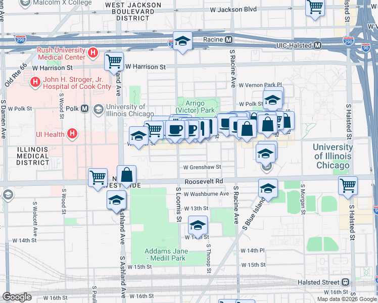 map of restaurants, bars, coffee shops, grocery stores, and more near 1322 West Taylor Street in Chicago
