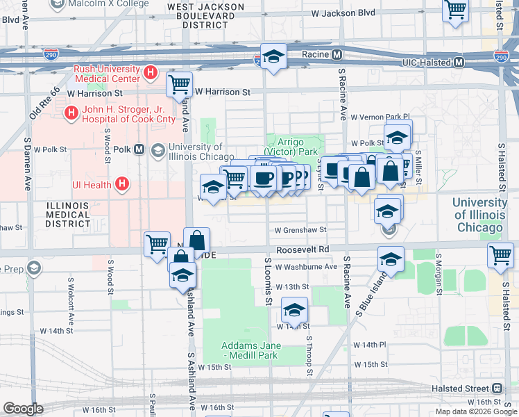 map of restaurants, bars, coffee shops, grocery stores, and more near 927A South Loomis Street in Chicago