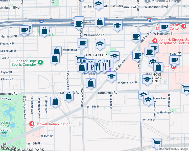 map of restaurants, bars, coffee shops, grocery stores, and more near 926 South Oakley Boulevard in Chicago