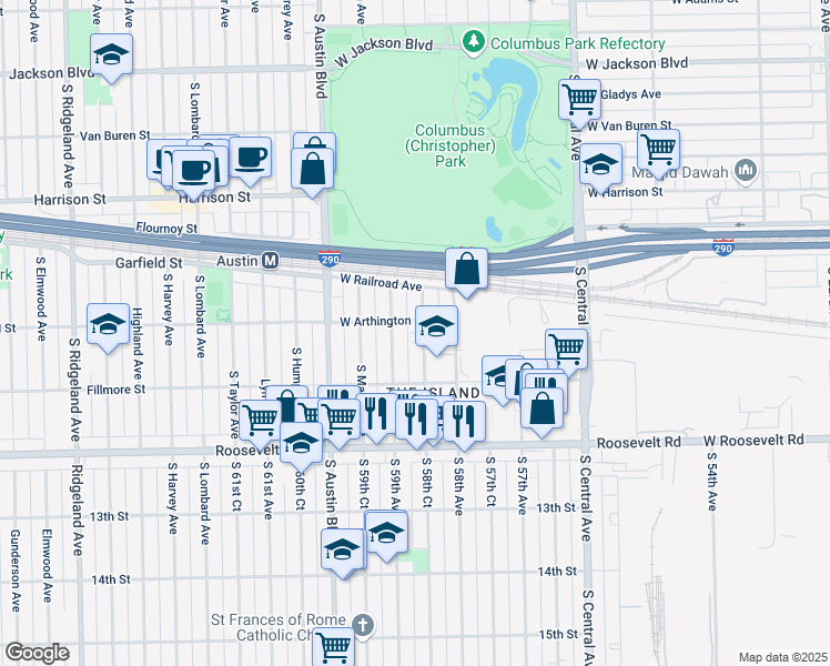 map of restaurants, bars, coffee shops, grocery stores, and more near 920 South Monitor Avenue in Chicago