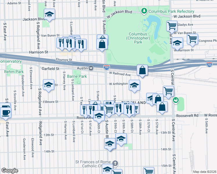map of restaurants, bars, coffee shops, grocery stores, and more near 931 South Austin Boulevard in Chicago