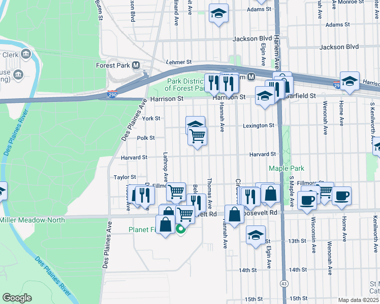 map of restaurants, bars, coffee shops, grocery stores, and more near 922 Beloit Avenue in Forest Park