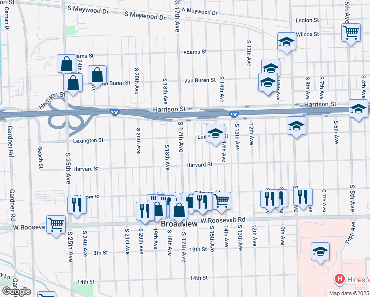 map of restaurants, bars, coffee shops, grocery stores, and more near 1902 South 17th Avenue in Maywood