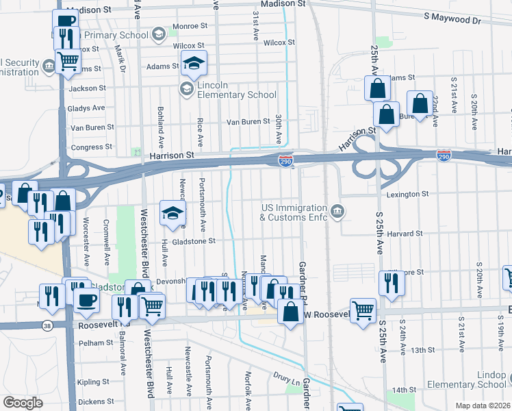 map of restaurants, bars, coffee shops, grocery stores, and more near 711 Norfolk Avenue in Westchester