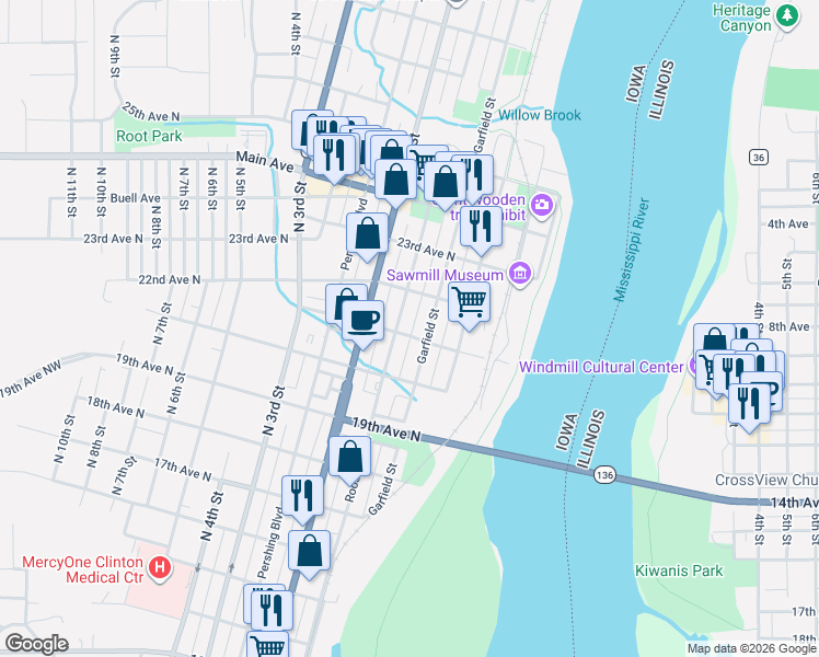 map of restaurants, bars, coffee shops, grocery stores, and more near 2120 Roosevelt Street in Clinton