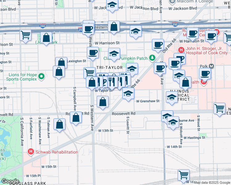 map of restaurants, bars, coffee shops, grocery stores, and more near 934 South Bell Avenue in Chicago