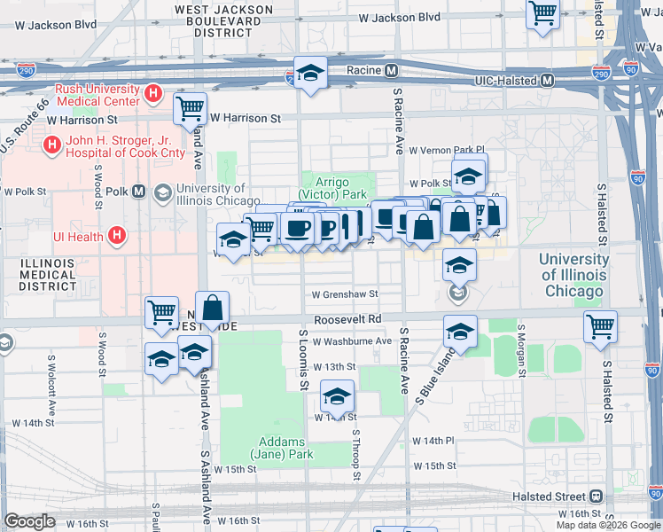 map of restaurants, bars, coffee shops, grocery stores, and more near 1322 West Taylor Street in Chicago