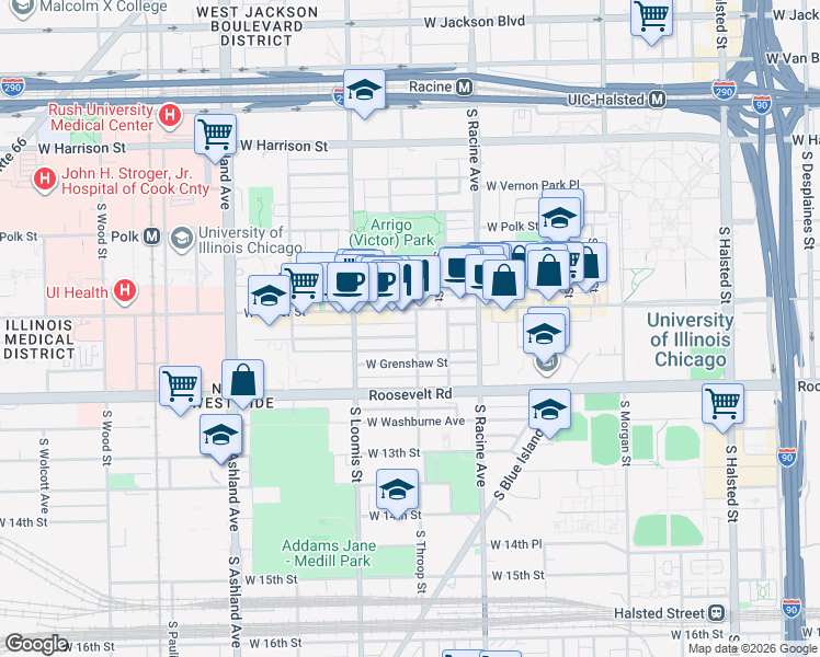 map of restaurants, bars, coffee shops, grocery stores, and more near 1322 West Taylor Street in Chicago