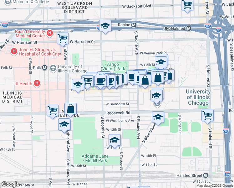 map of restaurants, bars, coffee shops, grocery stores, and more near 1322 West Taylor Street in Chicago