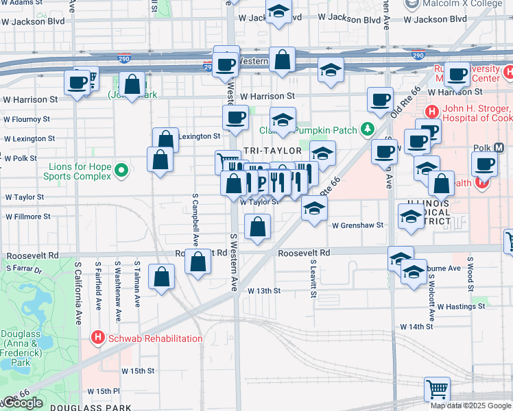 map of restaurants, bars, coffee shops, grocery stores, and more near 2325 West Taylor Street in Chicago