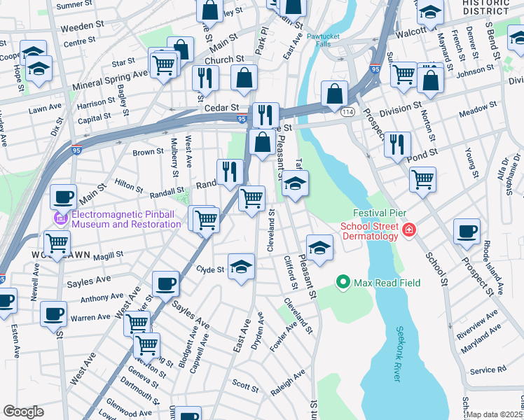 map of restaurants, bars, coffee shops, grocery stores, and more near East Avenue Exd in Pawtucket