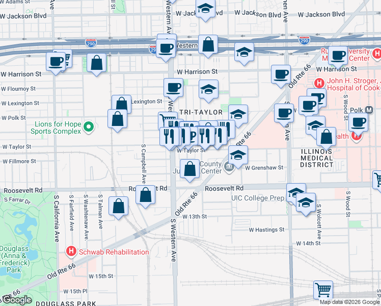 map of restaurants, bars, coffee shops, grocery stores, and more near 2323 West Taylor Street in Chicago