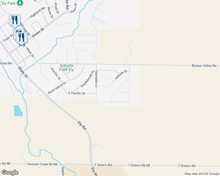 map of restaurants, bars, coffee shops, grocery stores, and more near 2050 Hillside Drive in Ely