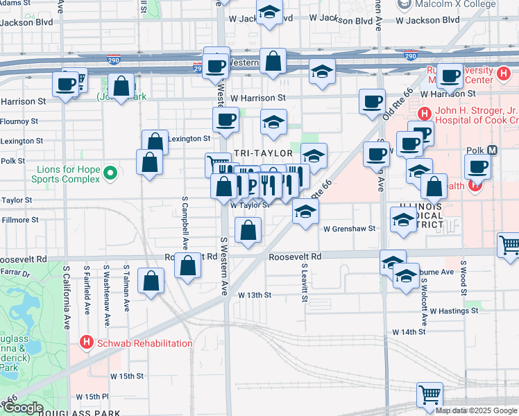 map of restaurants, bars, coffee shops, grocery stores, and more near 2301 West Taylor Street in Chicago
