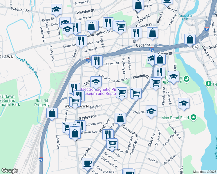 map of restaurants, bars, coffee shops, grocery stores, and more near 156 Randall Street in Pawtucket