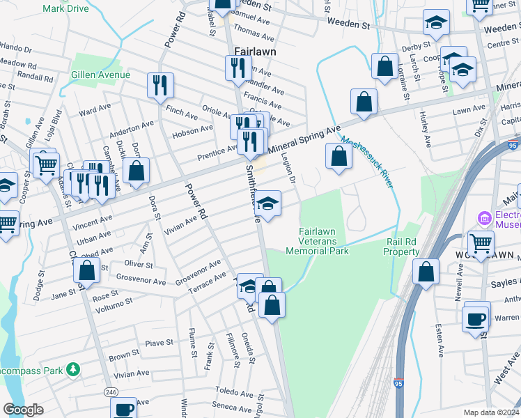 map of restaurants, bars, coffee shops, grocery stores, and more near 340 Rhode Island 126 in Pawtucket