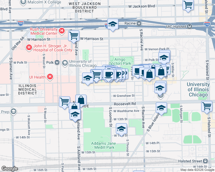 map of restaurants, bars, coffee shops, grocery stores, and more near 927A South Loomis Street in Chicago