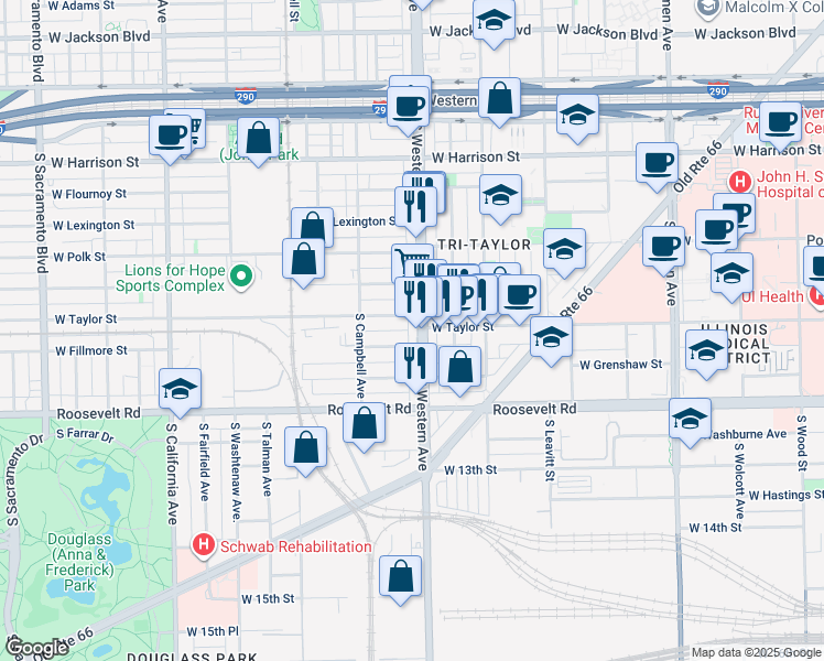 map of restaurants, bars, coffee shops, grocery stores, and more near 2420 West Taylor Street in Chicago