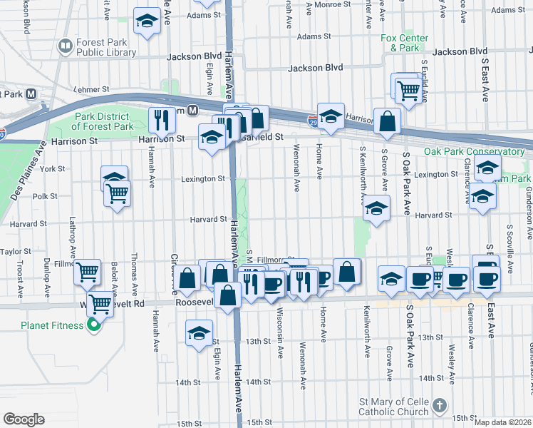 map of restaurants, bars, coffee shops, grocery stores, and more near 1025 Wisconsin Avenue in Oak Park