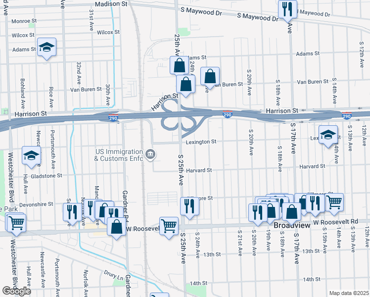map of restaurants, bars, coffee shops, grocery stores, and more near 2415 Lexington Street in Maywood