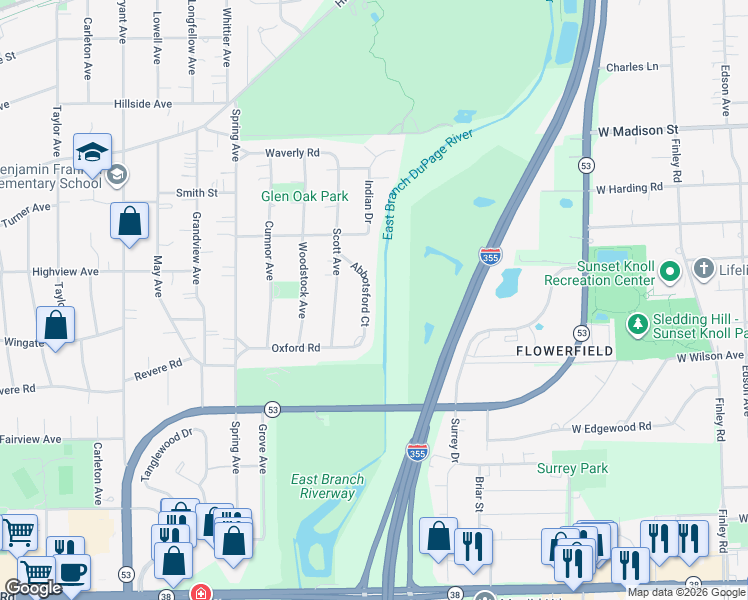map of restaurants, bars, coffee shops, grocery stores, and more near 270 Abbotsford Court in Glen Ellyn