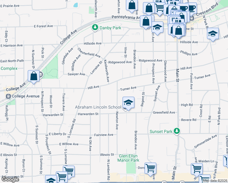 map of restaurants, bars, coffee shops, grocery stores, and more near 278 Newton Avenue in Glen Ellyn