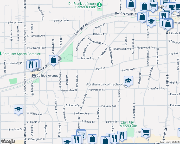 map of restaurants, bars, coffee shops, grocery stores, and more near 246 Hill Avenue in Glen Ellyn