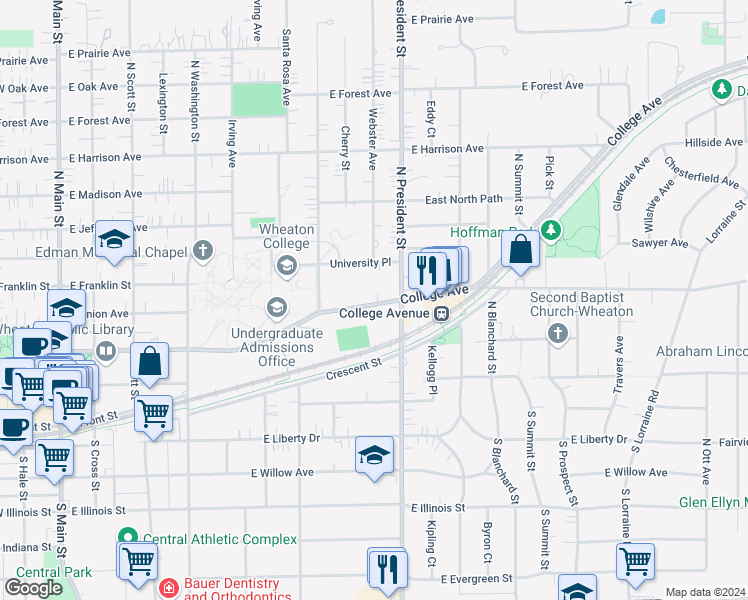 map of restaurants, bars, coffee shops, grocery stores, and more near 883 College Avenue in Wheaton