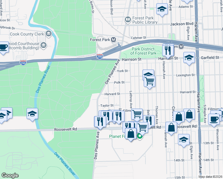 map of restaurants, bars, coffee shops, grocery stores, and more near in Forest Park