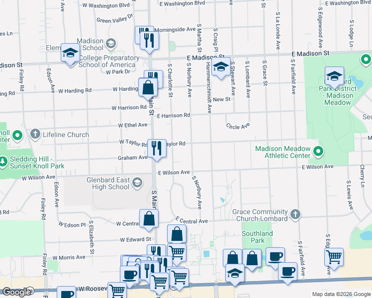 map of restaurants, bars, coffee shops, grocery stores, and more near 110 East Taylor Road in Lombard