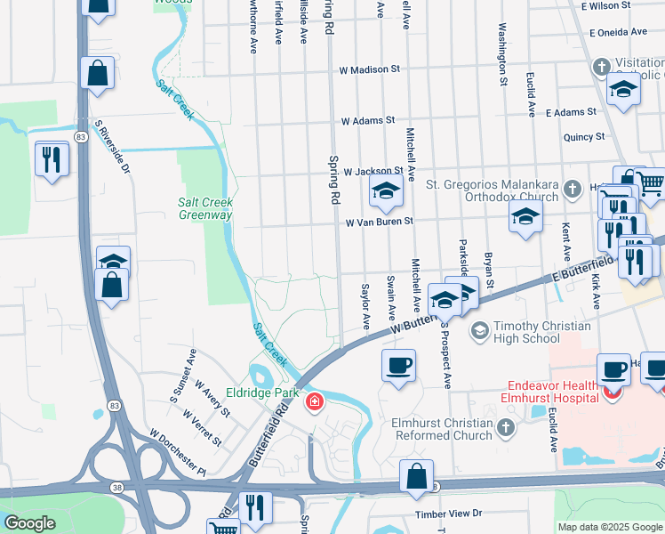 map of restaurants, bars, coffee shops, grocery stores, and more near 980 Spring Road in Elmhurst
