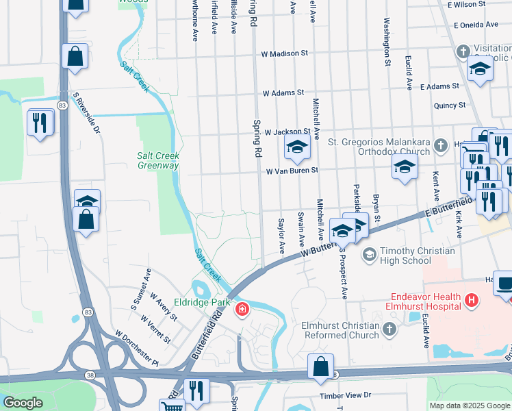 map of restaurants, bars, coffee shops, grocery stores, and more near 980 Spring Road in Elmhurst