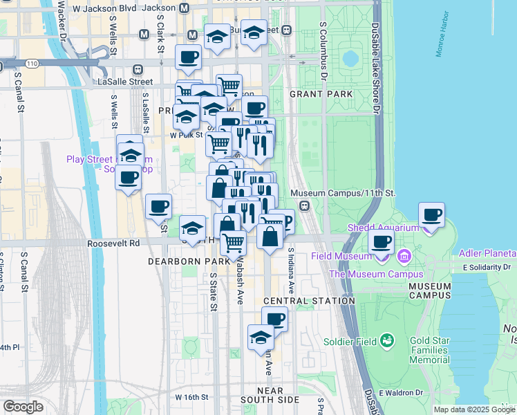 map of restaurants, bars, coffee shops, grocery stores, and more near 1118 South Michigan Avenue in Chicago